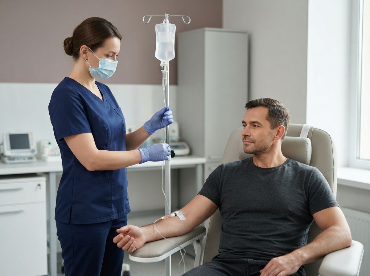 Кодирование от алкоголизма Дисульфирамом врач ставит капельницу пациенту